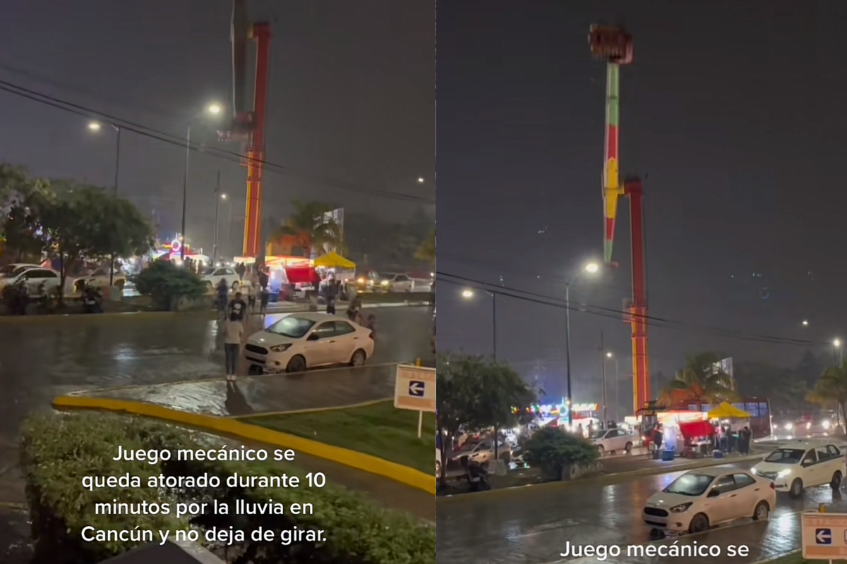 VIDEO: Juego de la feria de Cancún se quedó atorado bajo la lluvia